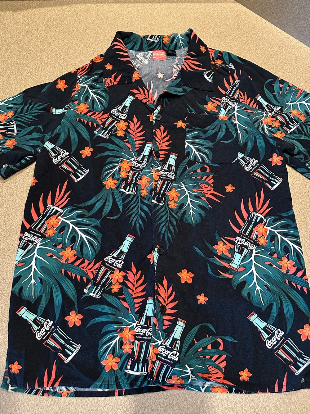 Coca Cola Black Short-Sleeve Tropical Bottle Print Shirt